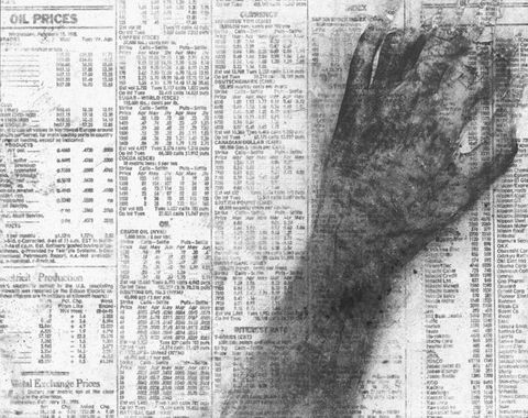 Photomontage. A shadowy hand reaches across a page printed with five columns of text. The first column is headed 'Oil Prices'. Other visible subheadings include 'Oil', 'Currency', and 'Index'.