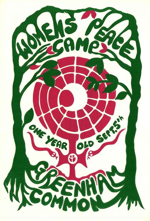 Poster. Printed in green and red, the title appears to be made from branches of two trees that connect to make an arc across the top of the poster. A spiralling spider web, two snakes, and an upside-down peace sign are printed in red down the middle of the poster. Together the red pieces make the symbol for female.