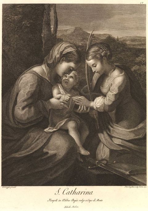 Print. Two women and a baby are close to us against a deep landscape. One woman, Mary, holds the baby Jesus, who looks up at her. The second woman kneels behind a sword and holds a palm frond. Mary touches the hand she holds out to Jesus.