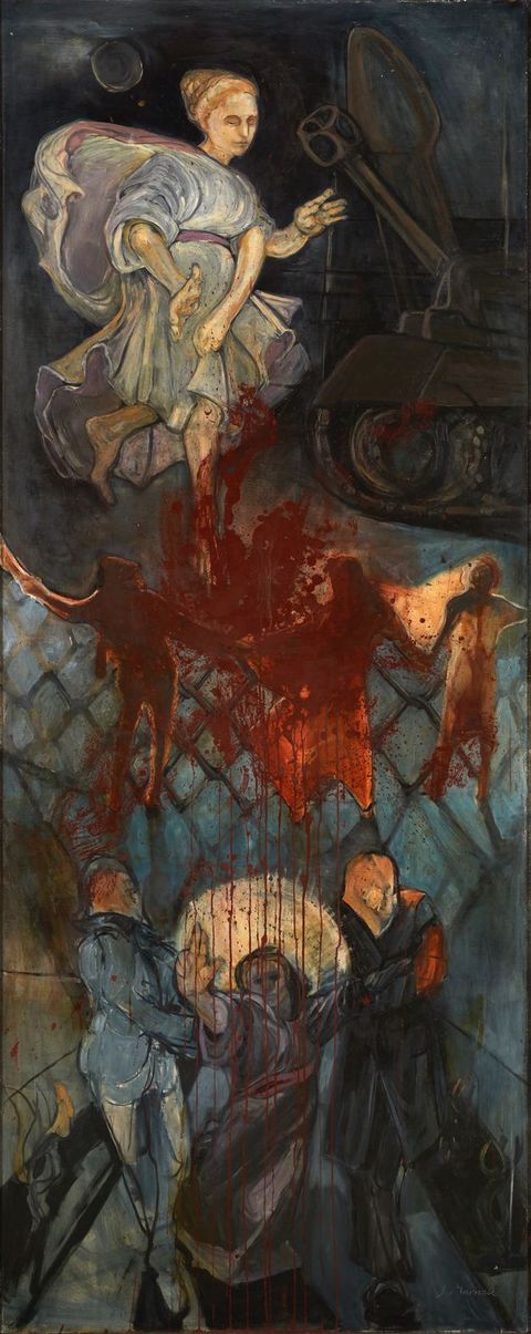 Painting. A pale-skinned woman in white floats or stands in front of a tank in the top half of this composition. A row of three bodies smeared in red separate that scene from one below, which shows a woman with a gold halo being dragged towards a chain-link fence.