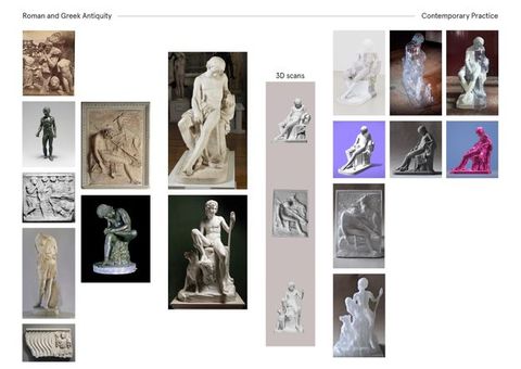 Diagram. Images are arranged in columns that range from 'Roman and Greek Antiquity' to our left to 'Contemporary Practice' to our right. Seven cast and carved classical sculptures are illustrated in two columns along the left. The others are distributed to either side of a strip titled '3D scans'.